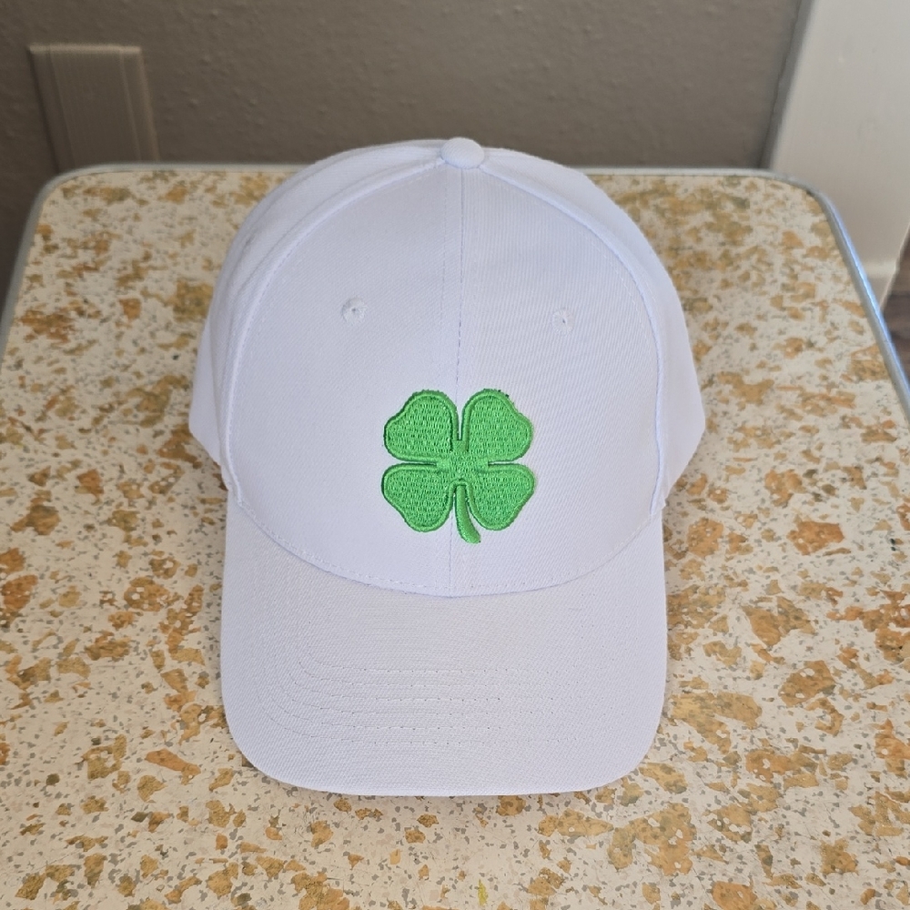 White Cap with Green Clover Embroidery